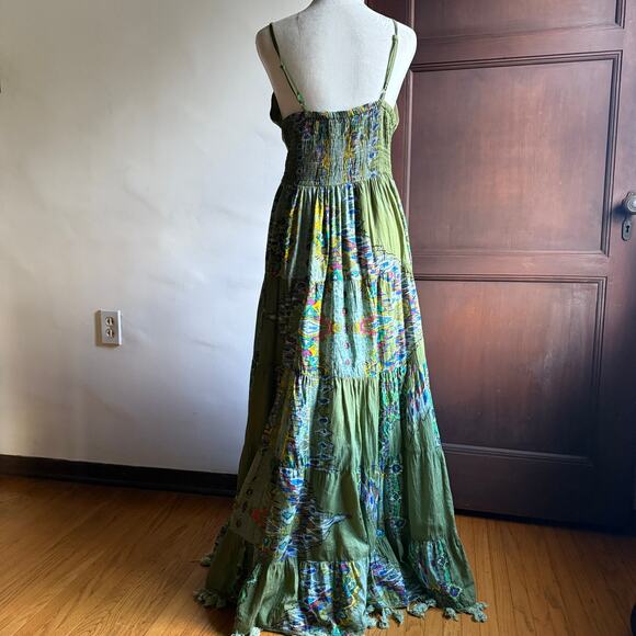 BAROK | Anthropologie Green Floral Beaded Tiered Maxi Dress Tassel Fringe Small - Picture 6 of 9